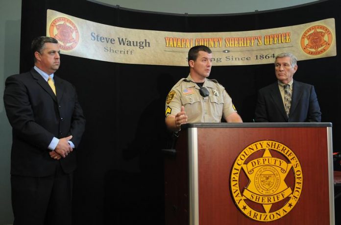 Yavapai County Sheriff Steve Waugh, right, Sgt. Jeff Newnum, center, and YCSO criminal investigator Tom Boelts explain during a press conference Aug. 2, how after extensive searching, investigators have switched their focus from a rescue effort to a criminal investigation in the disappearance of 2-year-old Sylar Newton.