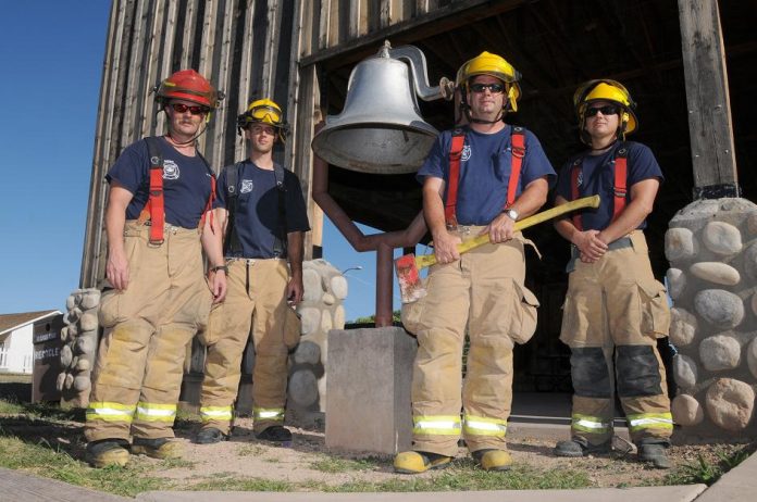 Camp Verde firefighters, from left, Capt. Eric Strauss, Nic Dubs, Engineer Chris Oium and Jon Carrillo will ring the town bell to honor those killed in the Sept. 11, 2001, terror attacks Saturday, Sept. 11. The American Legion’s annual ceremony has been changed from the Camp Verde town ramada to the gazebo in front of the town offices.