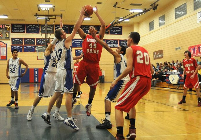 Jose Gonzalez goes for a shot during the Marauders’ away game against Camp Verde High School on Friday, Dec. 17. Mingus lost the game, 51-35. With the loss, Mingus drops its record to 1-6 overall this season and currently stands at No. 34 overall.