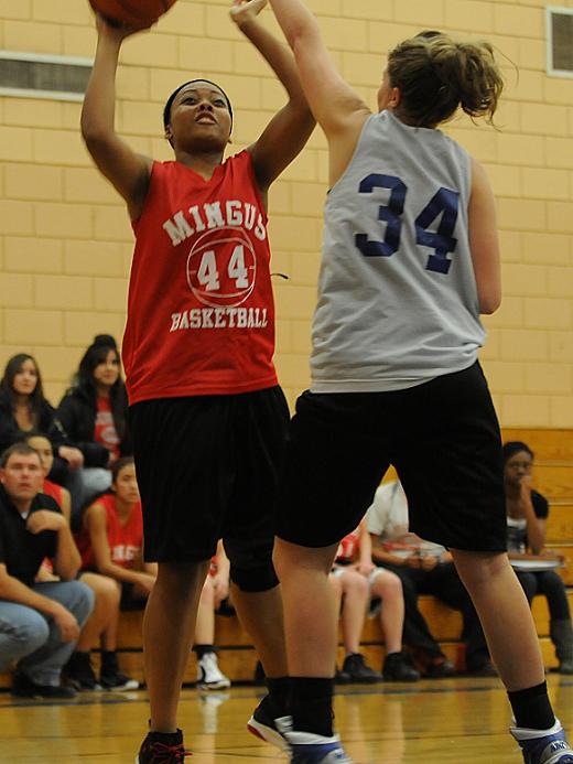 Sophomore post player Seairah Ebert goes strong to the hole. Ebert should be solid for the Mingus Union High School girls basketball team in 2010-2011.