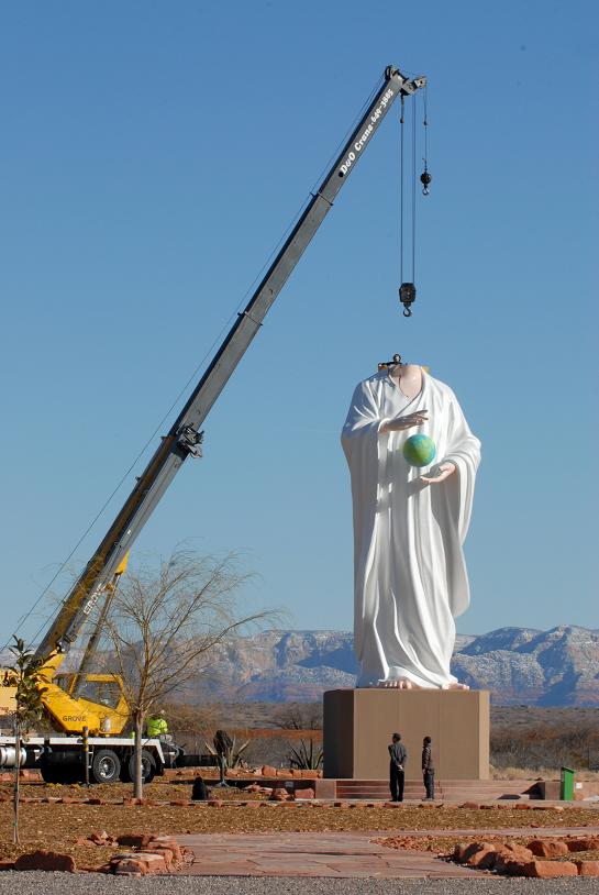 The 49-foot-tall Mago statue located on Tao Fellowship property at the corner of State Route 89A and Bill Gray Road is dismantled and removed Feb. 23, bringing a temporary end to the zoning controversy, which erupted in late 2009.