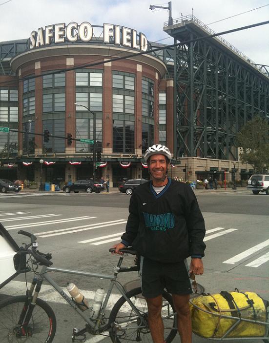 Romano Scaturro, 47, poses for a photo at Safeco Field in Seattle. This was the last city Scaturro visited in his 2010 Major League Baseball Stadium Tour that raised nearly $5,000 for one local family.