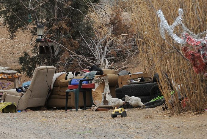 A cat and two chickens share space with furniture and faded holiday decorations in the driveway of a Camp Verde home. The Camp Verde Town Council agreed Feb. 16 to pursue criminal consequences for residents who fail to adhere to town zoning codes.