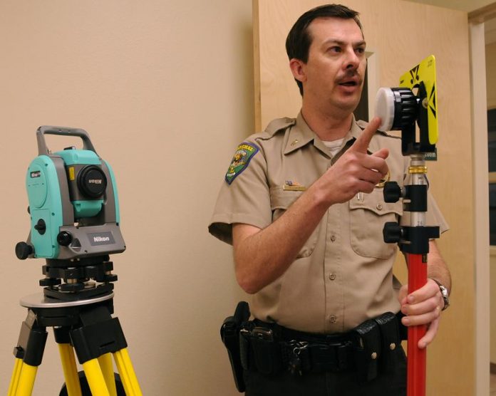 Camp Verde Marshal’s Office Lt. Earl Huff explains Thursday, Feb. 17, the features of the new Total Station survey equipment, which the department was able to purchase with a recently received $12,000 grant from the Governor’s Office of Highway Safety. Huff said he expects CVMO deputies to be trained on the crime scene equipment by mid-March.