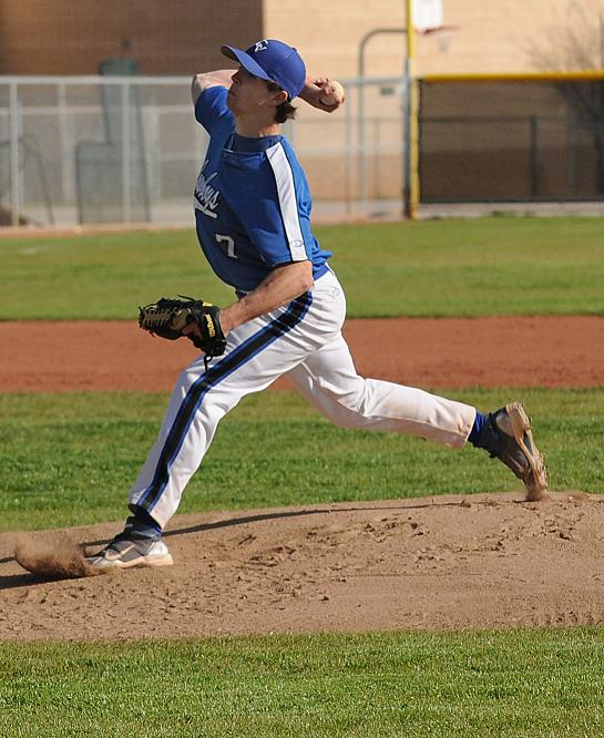 Gavin Collins, a junior on the Camp Verde High School baseball team, pitches to a Mayer High School batter during the second game of a home doubleheader Friday, March 25.