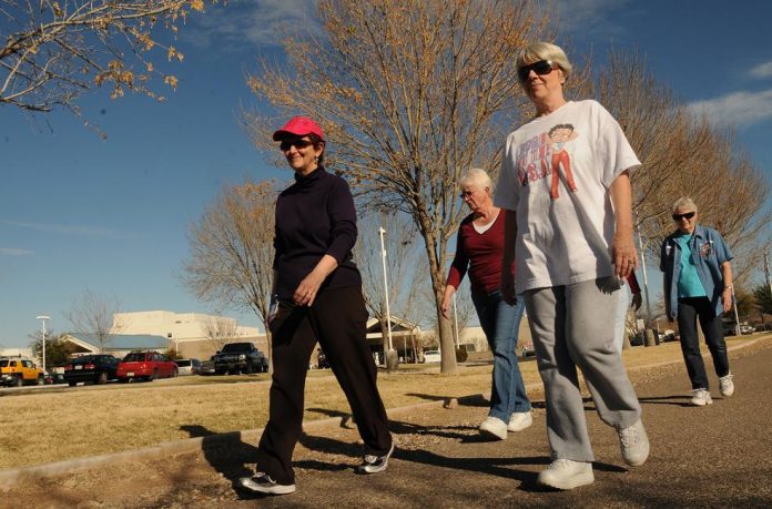 Health-conscious walkers including, from left, registered nurse Mary May, Corliss Mellas, Sherry Crosoli and Marjorie Paris hike around the track at Verde Valley Medical Center on March 2. The hospital’s diabetes education department is sponsoring twice-weekly walks at the track on Wednesdays and Saturdays. The walking group is free and open to the public.