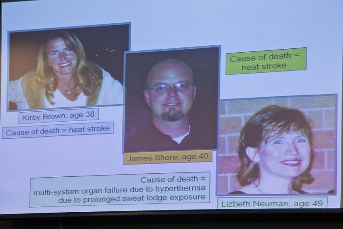 Images from the trial show victims Lizbeth Neuman, 49, of Michigan, right, Kirby Brown, 38, of New York, left, and James Shore, 40, of Wisconsin, all who died after sitting in the sweat lodge, a large tentlike structure that was heated to sauna-like temperatures as part of a $10,000-a-head weekend session organized by James Arthur Ray in October 2009.