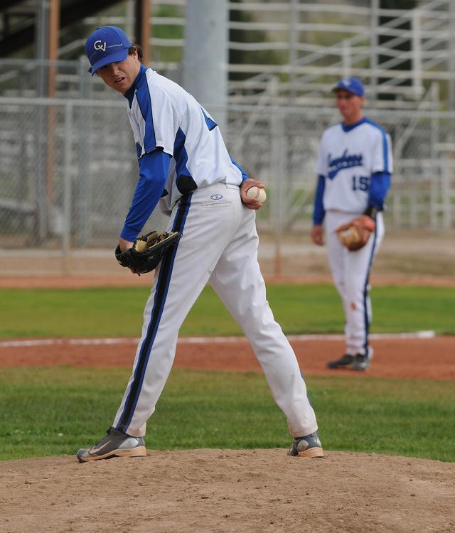 Pitcher Gavin Collins checks the Tonopah Valley runner at first base before delivering to home plate Friday. Collins threw his first no-hitter of the season Friday.