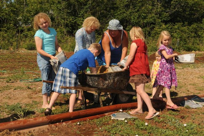 Master Gardener Bobbie Gooslin, center, teaches kids involved in the city of Cottonwood’s Let’s Move program including, from left, Molly Gooslin, 9, Sam Taylor, 8, Claudia Gooslin, 10, Kelly Gooslin, 6, Lorelei Taylor, 2, and Anna Taylor, 6, about simple weed eradication using newspapers at the Cottonwood Community Garden on Friday, June 10.