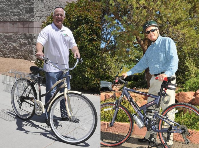 Cottonwood City Manager Doug Bartosh proudly displays his cruiser bike Friday, May 10 (left). Bartosh said he’s been training for his competition with Sedona City Manager Tim Ernster (right) at the Bike MS: Ride the Vortex-Sedona Verde Valley ride Saturday, May 18.