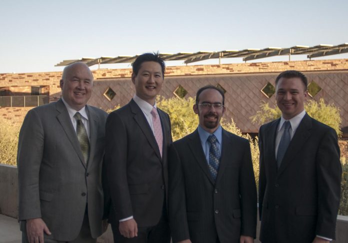 Verde Valley Medical Center completed the first chapter in its new role as a teaching hospital Saturday, June 15. Dr. Howard Shulman, left, Internal Medicine Program director and associate dean of Midwestern University stands with physician residents David Buyn, Andrew Sacks and Michael “Scott” Richins, all osteopaths, who celebrated their graduation from the center’s Residency Program at a gala event at the Yavapai College Verde Valley Campus in Clarkdale.