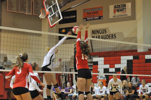 Sarah Cochrane goes up for the kill in the Marauders game against Bradshaw Mountain.