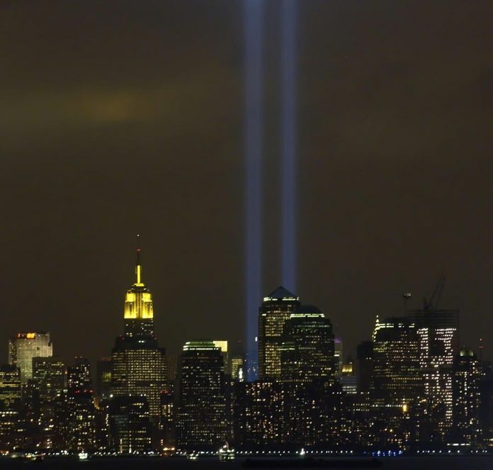 The Tribute in Light rises from Ground Zero in New York City where the World Trade Center stood before the attacks of Sept. 11, 2001.