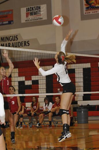 Tristen Meacham goes up for a spike in the Marauders victory over River Valley on Thursday, Sept. 26, in the Mingus High School gymnasium.