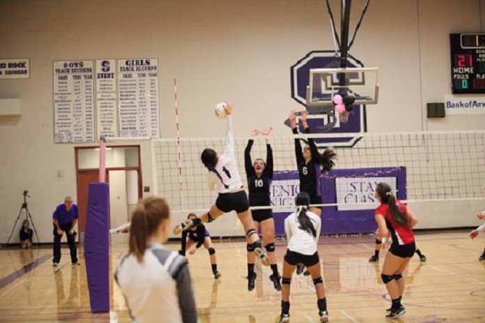 Senior Angel Chavez skies for a kill in the Marauders last game of the season against Sedona Red Rock.