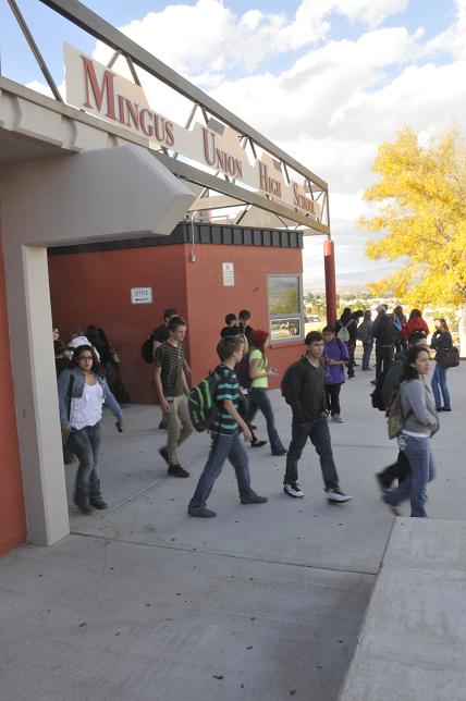 Students at Mingus Union High School head out to the busses on Friday, Nov. 15, as the last bell of the week rings, announcing the weekend’s arrival. Now, with the overrides approved and passed, Mingus, along with Cottonwood-Oak Creek School District can move forward without having to make budget cuts.