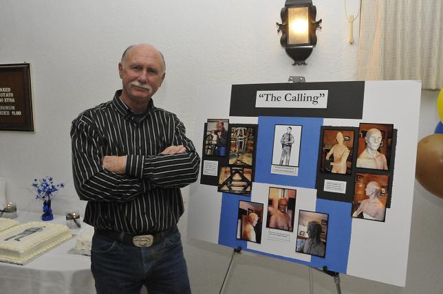 Artist Neil Logan outlines the stages of his sculpting process in a poster of “The Calling,” on Saturday, Nov. 2, at Moose Lodge No. 1449. “The Calling” will eventually become a four-and-a-half-foot tall bronze-cast statue, to be placed at the Cottonwood Police Department.