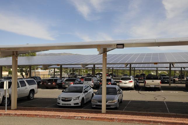 Covered parking at Mingus Union High School supports a solar array installed by Stockbridge Energy Group, the company that is also putting in solar panels to help power Cottonwood’s new wastewater treatment facility, planned for Riverfront Park.