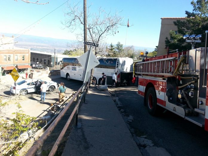 A tour bus got stuck trying to make a U-turn in Jerome