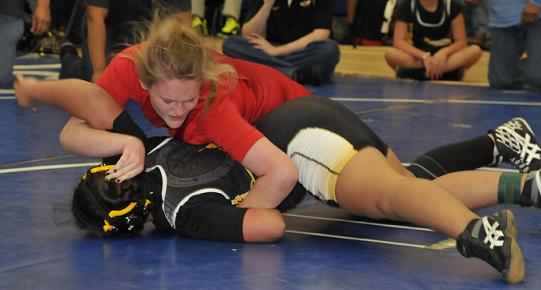 An all-girl state wrestling tournament was held at Camp Verde High School over the weekend. The only Cottonwood competitor was Mingus Mountain eighth-grader Danni Schulz, top, who wrestled and won against Luz Jimenez.