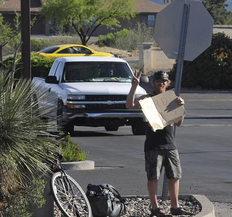 Despite the hard times, some panhandlers remain in high spirits. Some residents have complained to Mayor Diane Joens about the homeless, but begging in public, done non-aggressively, is legal.