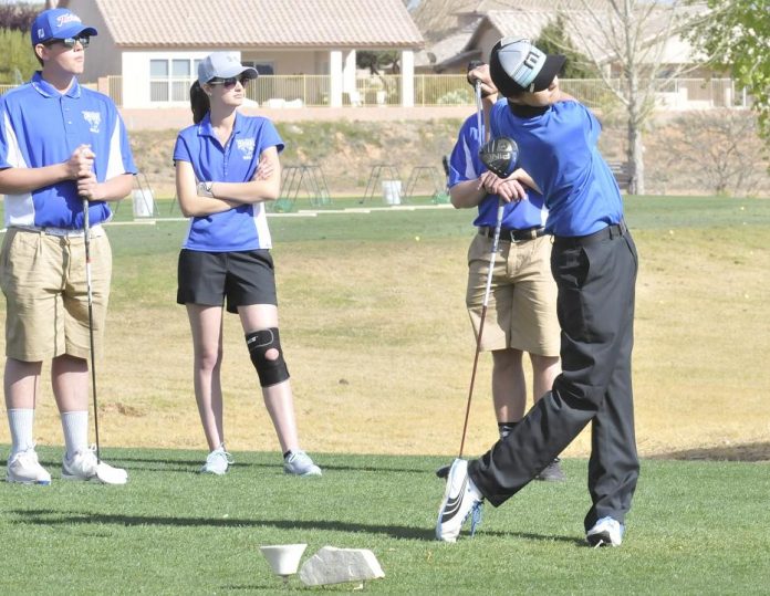 Andrew Witt tees off for Camp Verde High School on the first hole of Verde Santa Fe Golf Course. Witt shot a 14-over-par, tying for sixth place with fellow senior Garrett Kennedy, as the Cowboys beat Chino Valley and Paradise Honors high schools by 18 strokes March 8.