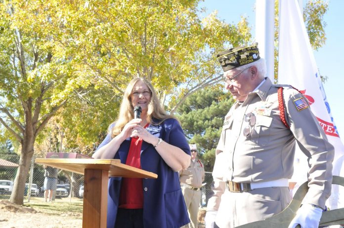 Cottonwood Mayor Diane Joens stood next to Verde Valley Military Service Park Committee Chairman Ronald Luce at the flag-raising ceremony of the park, thanking everyone who made the project possible. The unveiling took place on Veterans Day, Friday, Nov. 11. It was also one of Joens’ final acts as mayor as she is set to step down at the next council meeting.
