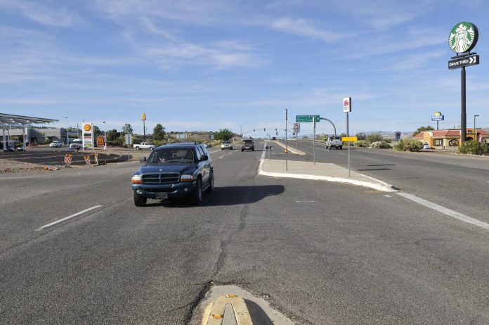 There is currently a left-turn-only island median where Goswick Way and Industrial Drive intersect with State Route 260, preventing vehicles from driving straight across. This will be replaced with a roundabout.