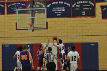 Senior Marlon Ontiveros takes a short jump shot in traffic against the Cougars in Camp Verde High School’s home win over Chino Valley High School on Dec. 17.