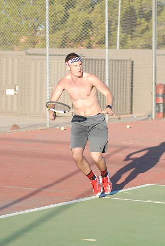 Senior Talon Walz readies for the serve during practice Monday, Feb. 25. Walz will be looked to for a repeat of his state quarterfinal appearance last season, if not better, as father Tarrin Walz takes over as head coach for the Mingus Union High School boys tennis team. The Marauders will host Thunderbird High School at 3:30 p.m. Friday, Feb. 28.