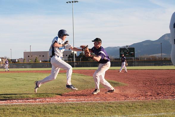 Junior Josh Hafner comes off of first base to tag out Camp Verde High School freshman Ezekial Casillas in the final inning of Sedona Red Rock High School’s 8-1 win in their sectional opener March 18, at Camp Verde High School. The Cowboys will travel to SRRHS for the rematch Friday, April 11.
