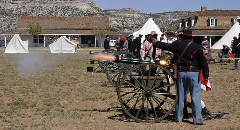 The Gatling Battery Gun fires rounds from multiple barrels at the History of the Soldier event at Fort Verde State Historic Park in Camp Verde on Saturday, April 12. Developed by Richard Gatling in 1862, the Civil War-era weapon was fed by a magazine and crank operated, resulting in a rapid rate of fire for the era.