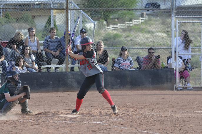 Right fielder Kaetana Skornik, one of seven seniors for head coach John Brown’s Mingus Union High School softball team, steps up to bat April 11, in a 8-2 home loss to Flagstaff. The Marauders will make State if they move up a seed to No. 24 in Division II by Saturday, May 3.