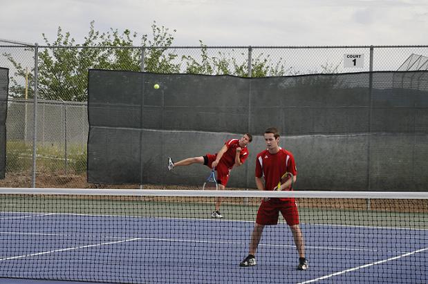 Seniors Tanner Caron, left, and Gary Baker won their first round doubles match for Mingus Union High School at the Division II state tournament before falling Friday, April 25.
