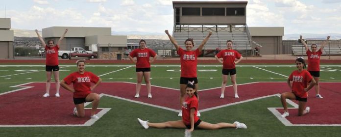 New Coach Layci Norton’s performance team at Mingus Union High School will combine traditional cheerleading and pom routines with dancing and stunts, such as throws, flips and tumbles, upon conclusion of tryouts Thursday, Aug. 14. Marauders Damira Clark, Brittany Kessel, Haylee Weeks, Allison Whitworth, Letty Ayala, Tiffany Drake, Bridget Belfran and Alexis Zellner, from left, perform a routine.