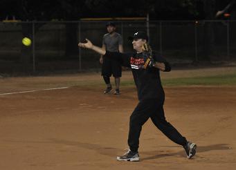 Jim Foster of the K.P. Ventures men’s softball team throws a pitch against the Dirty Rats of Arizona Rodent Solutions in the final regular season fall softball game for both teams at Riverfront Park. The teams will be the bottom seeds in the upcoming Parks and Recreation Department men’s softball playoffs beginning Monday, Oct. 20.