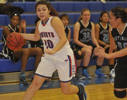 Junior guard Gabby Ontiveros looks for an opening on the interior Friday, Jan. 9, in a 57-36 win over Estrella Foothills High School. The Cowboys will host Glendale High School on Friday, Jan. 16.