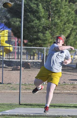 Junior William Robinson lets a discus fly at practice for the Camp Verde High School track and field team. Robinson will be competing in his first meet Wednesday, March 4, for new head coach Michael Prow at Wickenburg High School.