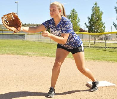 Paige Church, a senior at Camp Verde High School, fields throws to first base. Church was the second-best fielder in Division III, Section IV, and was one of three Verde Valley softball players to receive section player of the year honors.