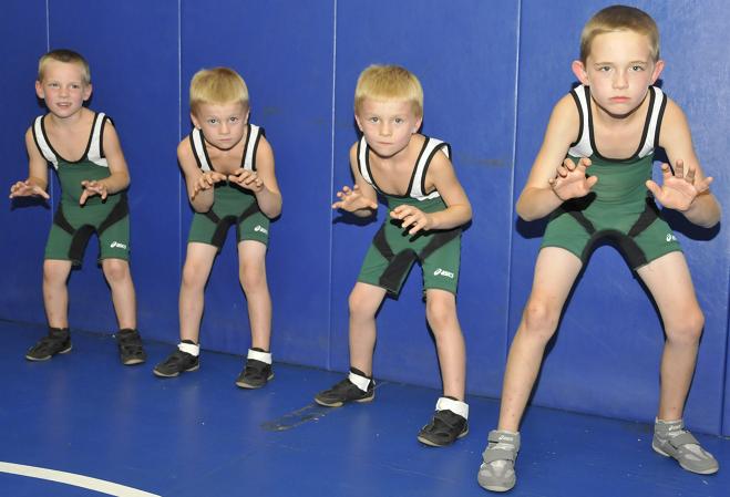 Weekend Wars takes place in the Sterrett Wrestling Complex, and the Bentley boys were all excited to participate Aug. 22. From left are Ethan, 5, twins Nathon and Collin, 7, and Tylor, 10.