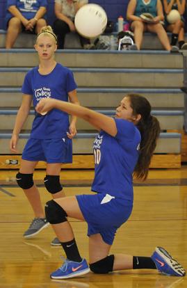 Eighth-grader Lauren Ontiveros bumps the ball for a Camp Verde Middle School teammate to set. The Cowboys look to get above .500 and avenge a home loss to West Sedona School with a match Thursday, Sept. 17, at the Wildcats.