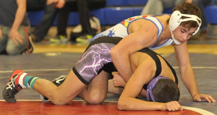 Matt Mejia, top, wrestled against Cauy Bgay of Shonto Preparatory Academy at a recent wrestling meet held at Camp Verde High School. Mejia went on to win the match and sweep the five-team dual in his final home match Jan. 12.