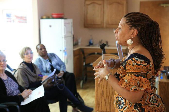 Akua Duku Anokye of Arizona State University addresses guests and residents at Sedona Winds Retirement Community. Her address, “African-American Pioneers of Arizona,” focused on groundbreaking individuals of the Arizona African-American community in the 20th century.