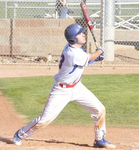 Junior Easton Braden, starting catcher as well as second starting pitcher for Camp Verde High School, blasts a double for his only run batted in during the Cowboys’ 10-6 win March 15 over American Leadership Academy. Braden would be driven in from second base on an RBI by freshman designated hitter Dakota Battise. The 7-7 Cowboys look to break .500 Thursday, March 24, at Payson High School.