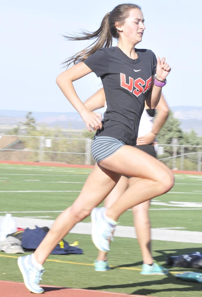 Senior Megan Goettl, who placed for the first time for Mingus Union High School track and field this spring Friday, March 18, at Chandler High School, practices her sprints on the MUHS track. Goettl finished runner-up in the 800-meter dash at the Nike Elite Chandler Rotary meet.