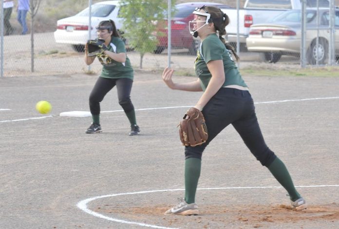 Eighth-grader Mikayla Brogdon pitched for Clarkdale-Jerome School in an April 12 game at Oak Creek School in Cornville. Although Brogdon’s team won on the scoreboard, it only had eight players and therefore suffered its first loss of the season by forfeit. The Mingus Rams softball team will still be the top seed when it returns to Cornville for the two-day Verde Valley Conference tournament Friday and Saturday, April 22 and 23.