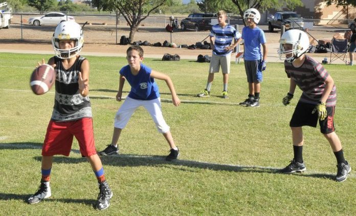 Wyatt Parker takes a snap at quarterback for Camp Verde Middle School, while fellow 12-year-olds Ty Edwards and Michael Magenot. from left, wait for the play to be called. Parker, son of new Cowboys head coach Brian Parker, has been in competition for the starting signal-caller position. Of the 40 players on the CVMS roster, however, 25 have joined the team in the last three weeks, giving them limited time to prepare for their Tuesday, Sept. 6, opener.
