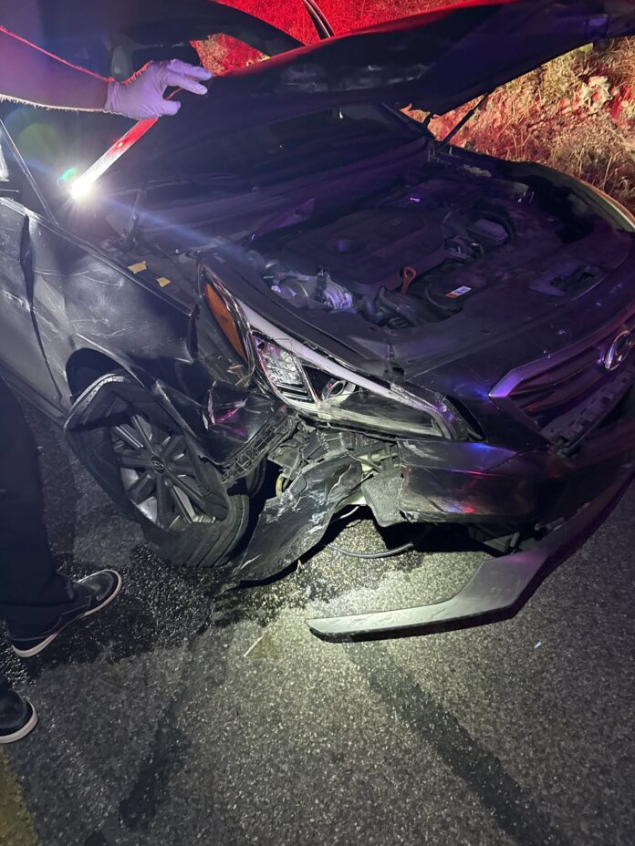 Suspect flees, hits police car